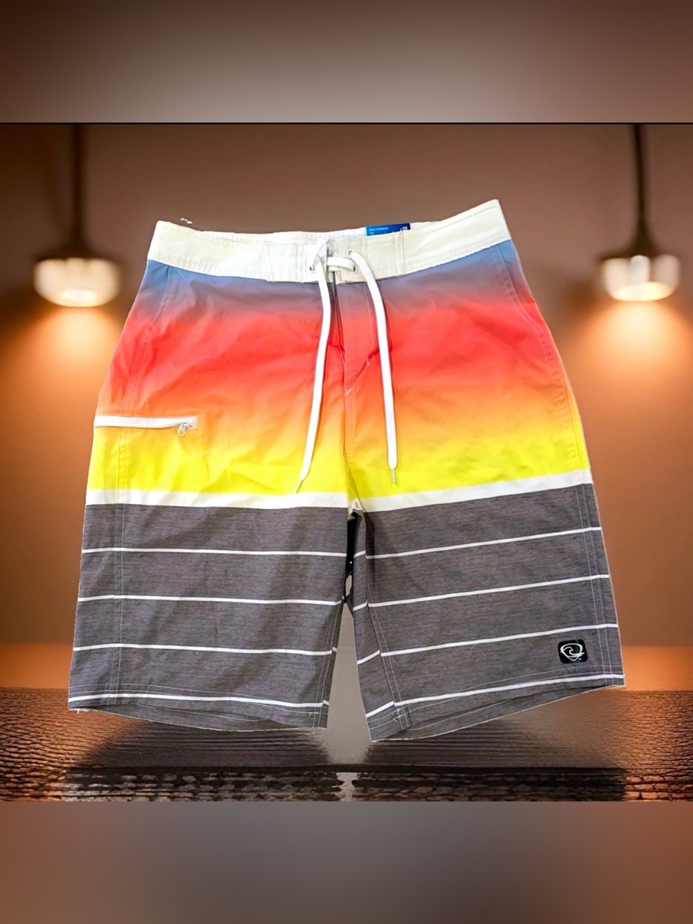 Wave Zone Men's Board Shorts Size 32 Striped Gray/Yellow/Orange/Blue Drawstring